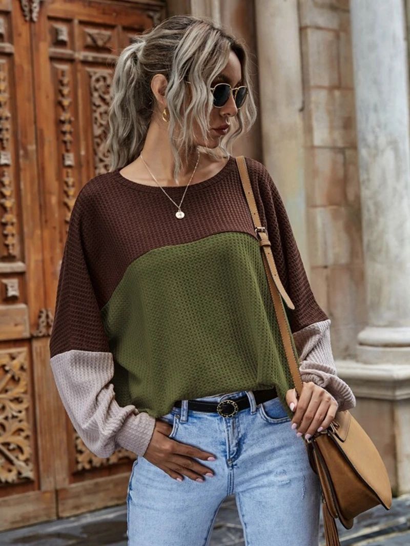 Waffle Round Neck Long-sleeved Blouse Women - WOMONA.COM