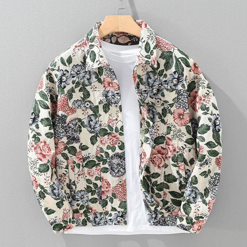 Men's multicolor floral jacket with button-front and collared neckline