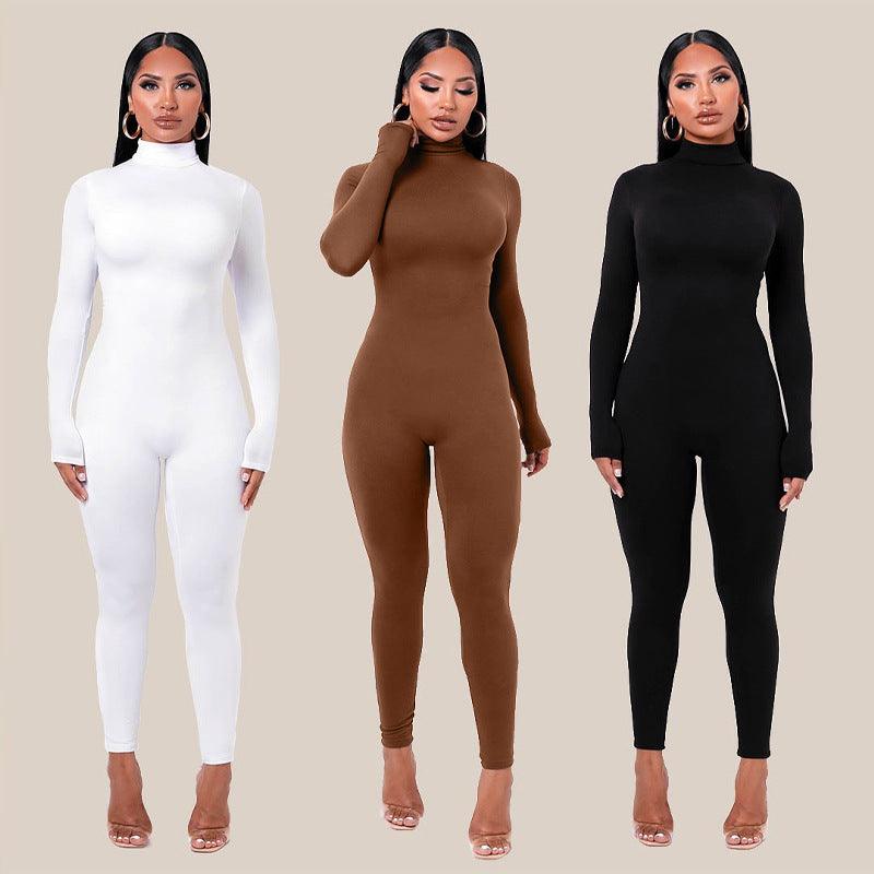 Fleece-lined long-sleeve yoga jumpsuit set in white, brown, and black