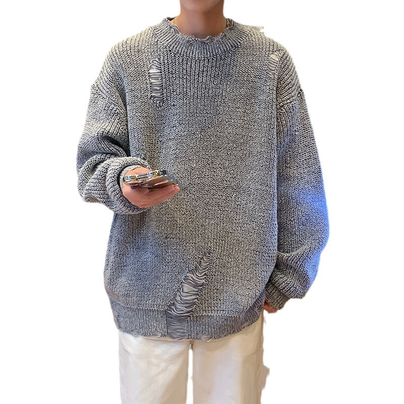 Ripped Round Neck Sweater Men Loose Street - WOMONA.COM