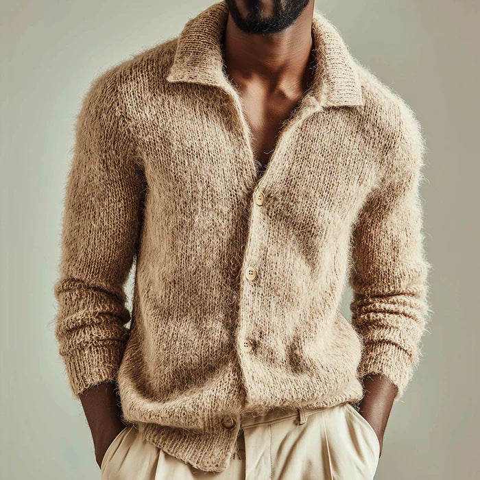 Men's beige knit cardigan with button front, long sleeves, and folded collar.