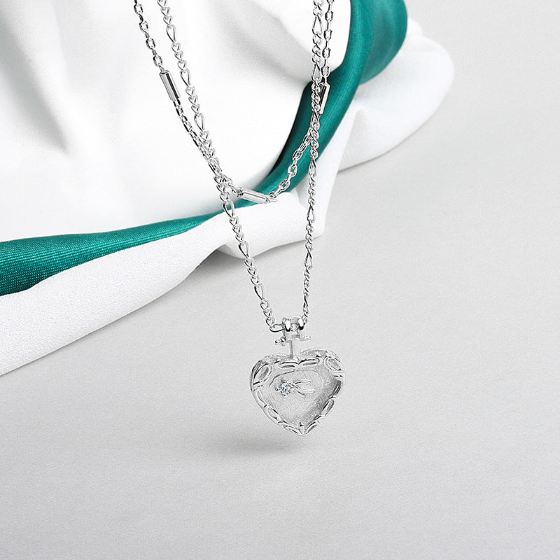 Simple Embossed Heart Necklace Double French Necklace - WOMONA.COM