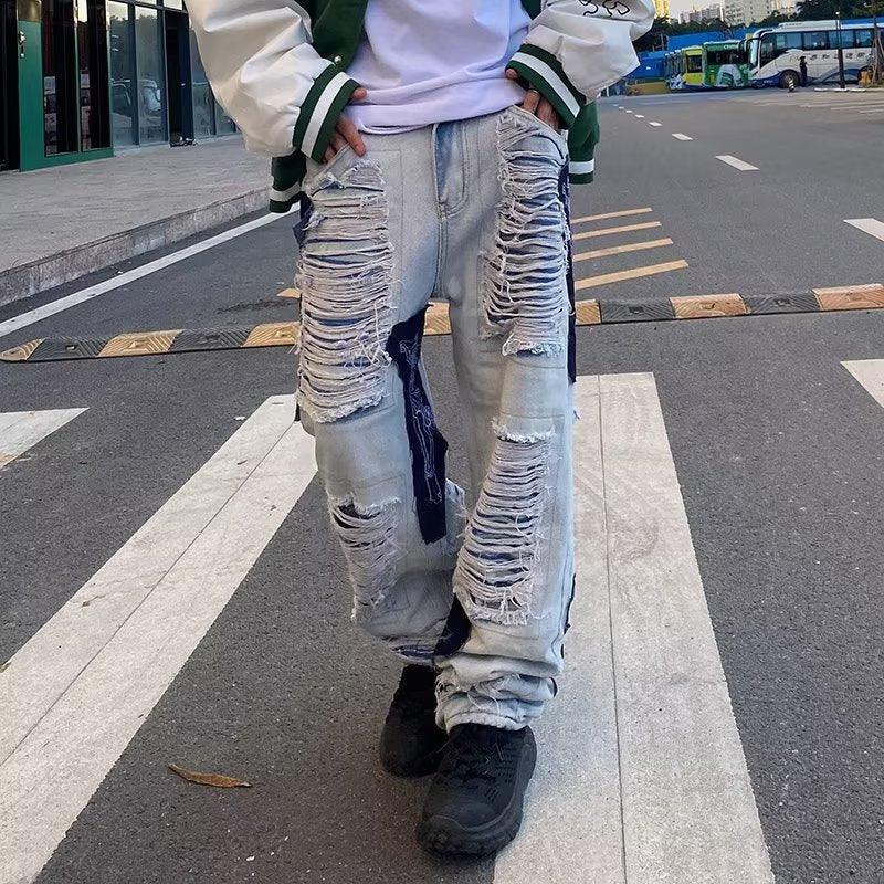 Fashion Ripped Pants Men Worn-out Wide-leg Trousers - WOMONA.COM