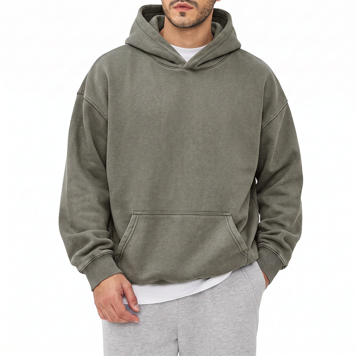 Men's loose fleece-lined pullover hoodie in light gray, army green and black – photo 4 of 4