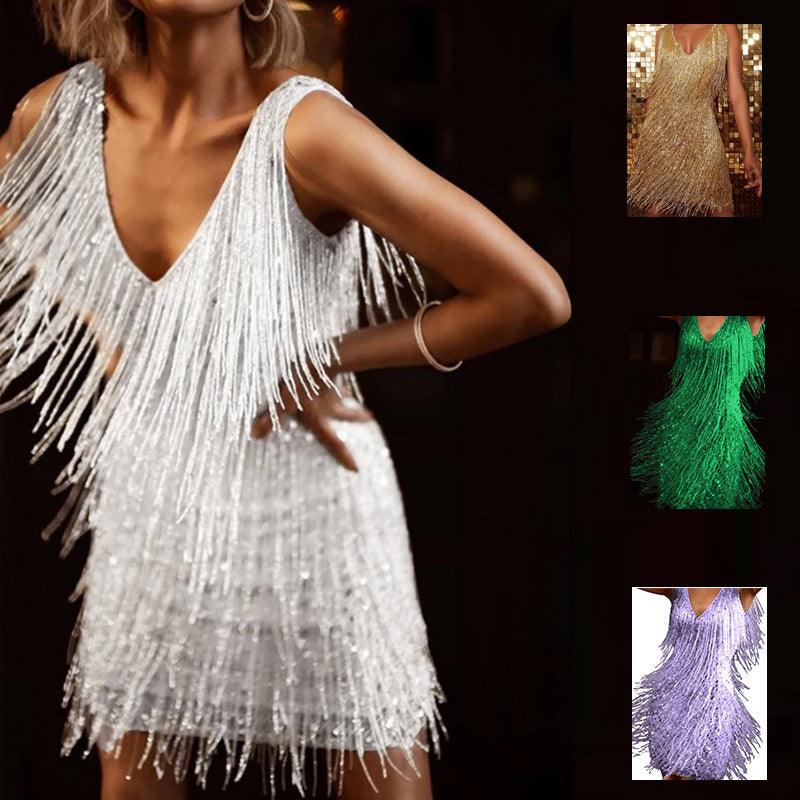 Tassel deep V camisole dress with sleeveless fringe, light silver shimmer