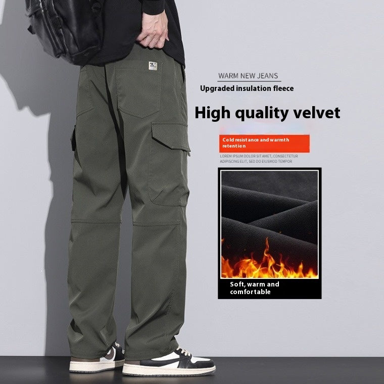 Men's cargo trousers in olive green, side flap pockets and drawstring ankle cuffs