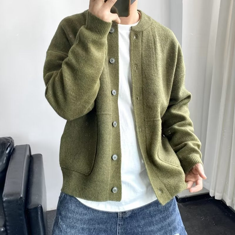 Men's Round Neck Simple Loose Thick Sweater Jacket - WOMONA.COM