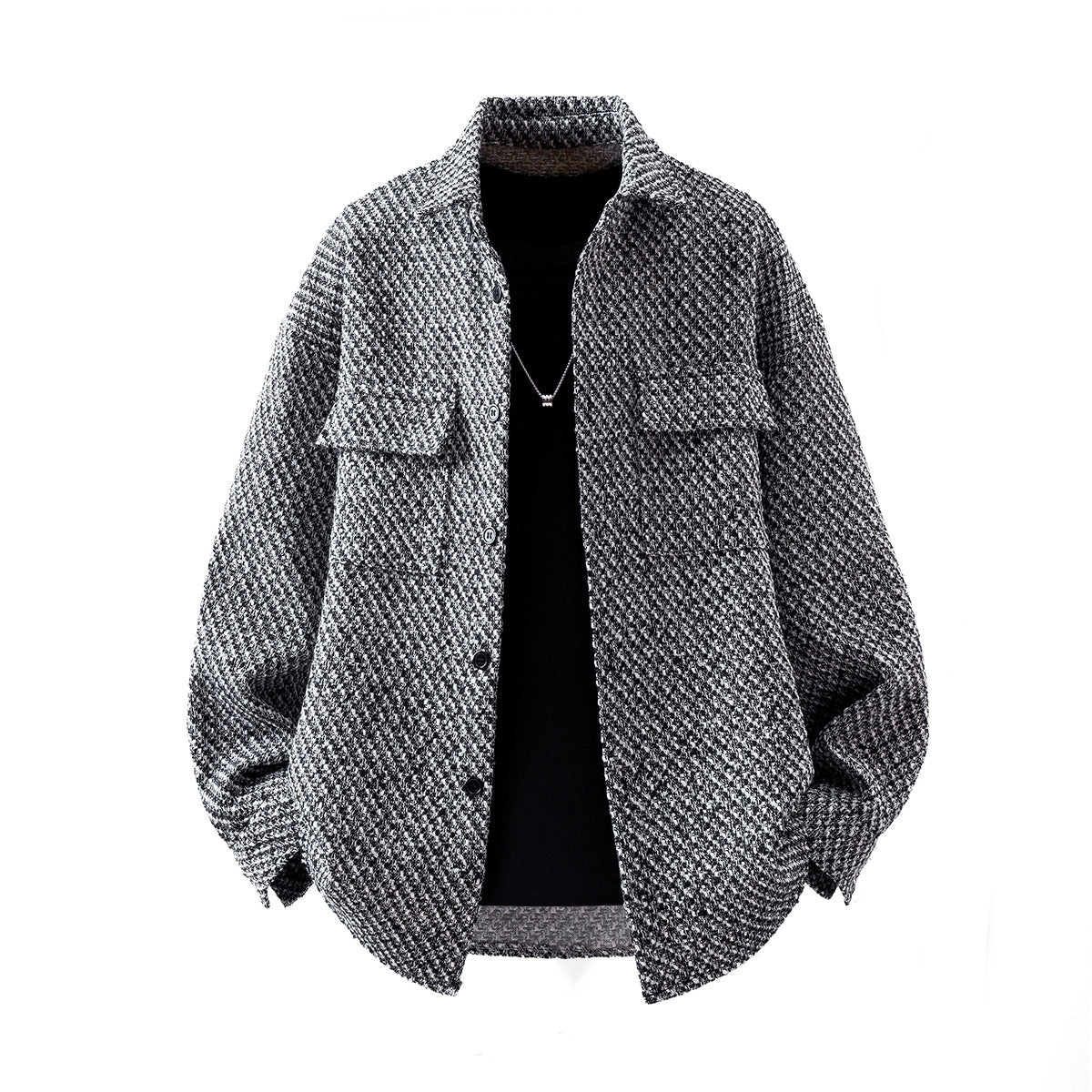 Men's houndstooth jacket with stand collar, flap pockets, and open black front