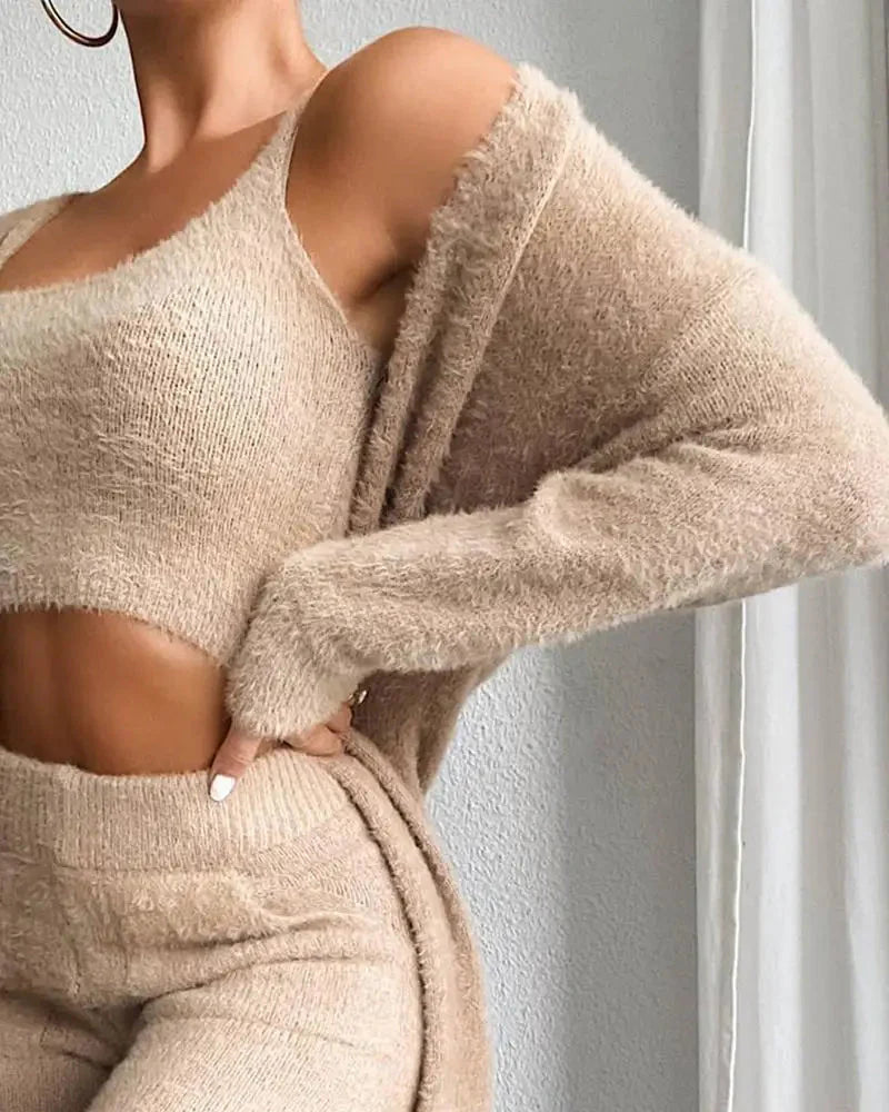Three-Piece Fuzzy Fleece Loungewear Set - Beige