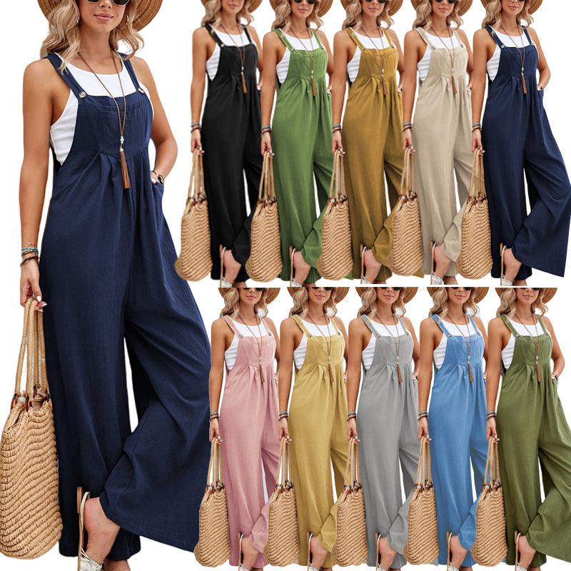 Loose pocket jumpsuit, dark blue sleeveless wide-leg design