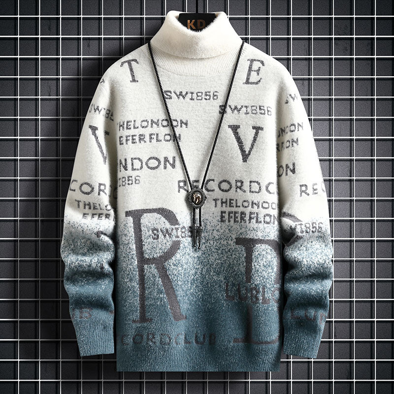 Men's cream two-tone gradient plush turtleneck sweater