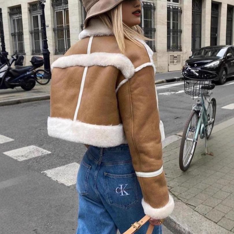 Khaki short plush coat with hood, white sherpa trim and open back strap detail