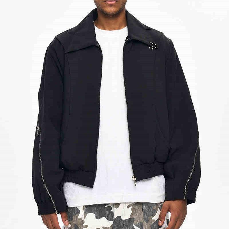 Men's black quilted-style baseball jacket, full-zip with standing collar