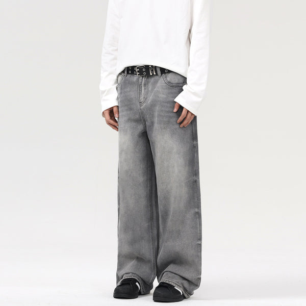 Retro Washed Smoky Gray Jeans Men And Women Loose - WOMONA.COM