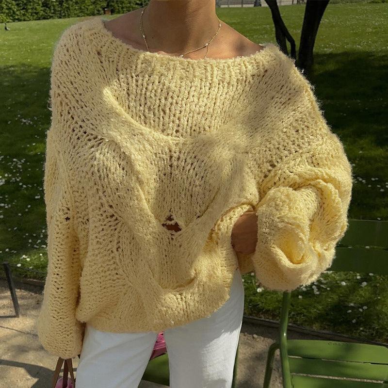 Solid Color Round Neck Cable-knit Sweater - WOMONA.COM