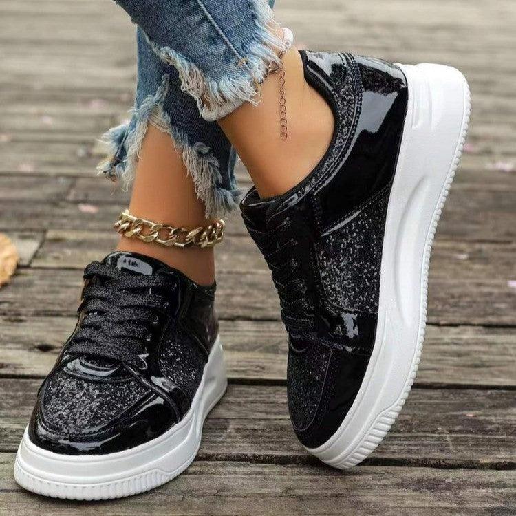 Modische flache Schnürschuhe mit Pailletten-Design, lässige Sportschuhe mit dicker Unterseite und runder Spitze für Damen, rutschfeste Wander-Sneakers