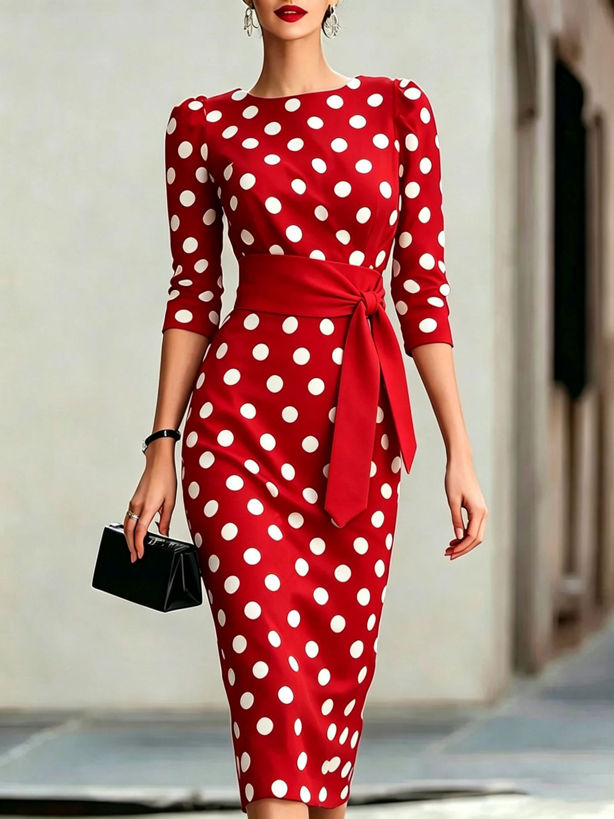 Women's polka-dot tie-waist bodycon midi dress