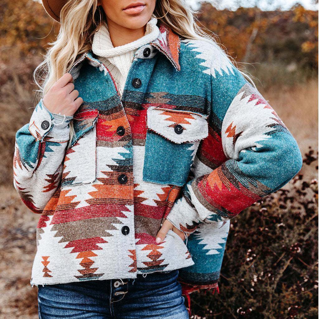 Women’s short wool coat, teal/red/white Aztec print, button front, chest patch pockets