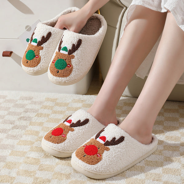 Winter Warm Home Christmas Elk Cotton Slippers - WOMONA.COM