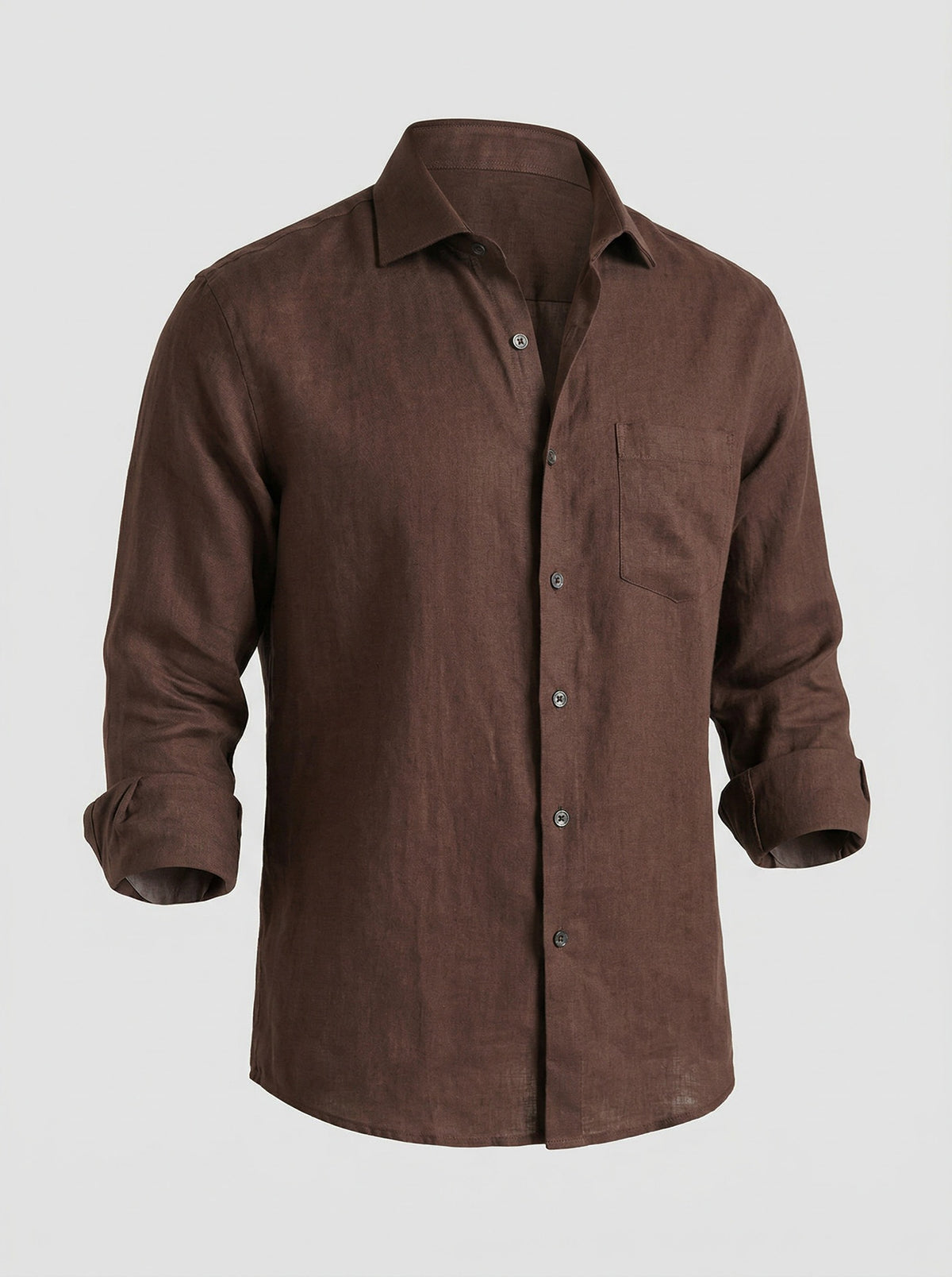 Brown linen long-sleeve button-up shirt with pointed collar and chest pocket.