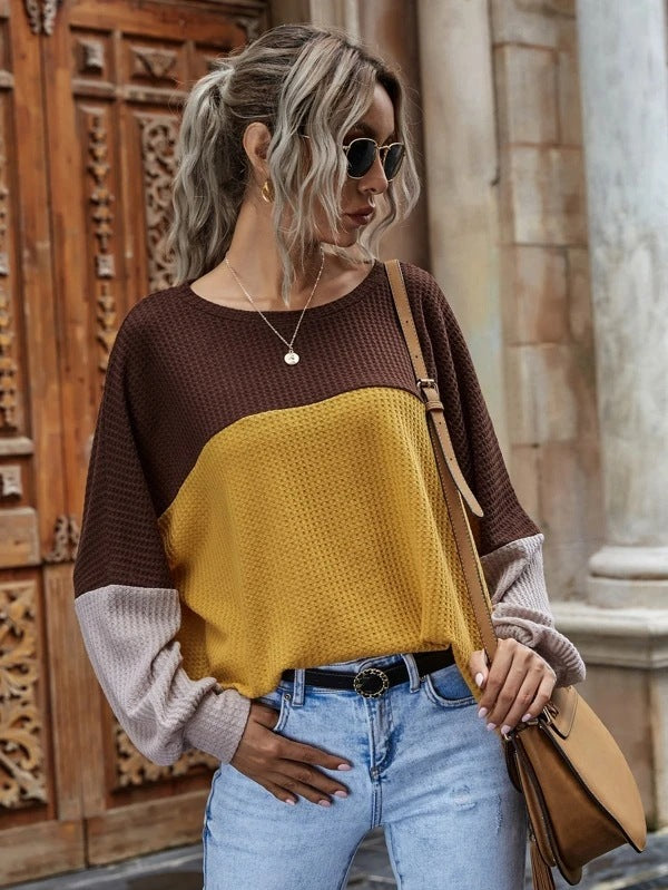 Waffle Round Neck Long-sleeved Blouse Women - WOMONA.COM