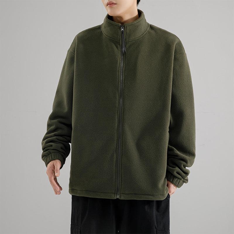 Men's stand-collar polar fleece zip sweater in army green, long sleeves, ribbed cuffs