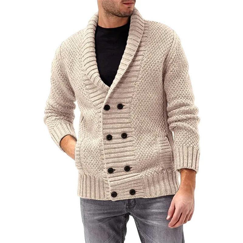 Men's long sleeve lapel cardigan sweater in light beige knit with button front and ribbed cuffs