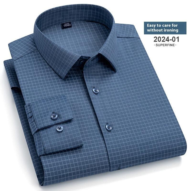 Men's long-sleeve button-up shirt, medium blue micro grid, button-down collar