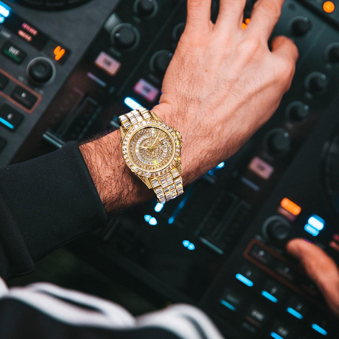 Gold all-diamond wrist watch with square link bracelet and round jeweled dial