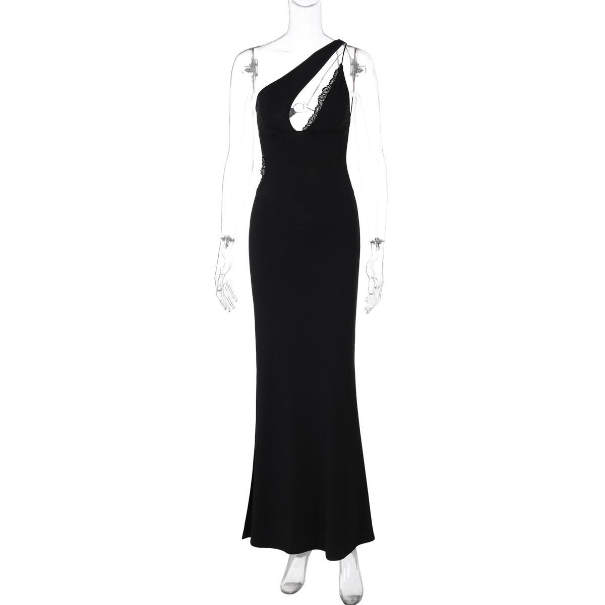 Black backless split dress on mannequin, lace-trim cutout bodice and slit