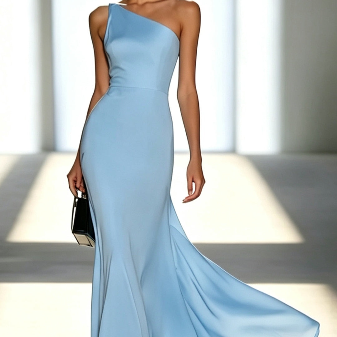 Light blue off-shoulder maxi dress with fitted bodice and flowing draped skirt