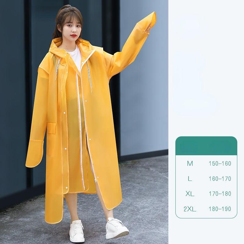 Yellow long hooded raincoat with front buttons and drawstring, mid-calf length