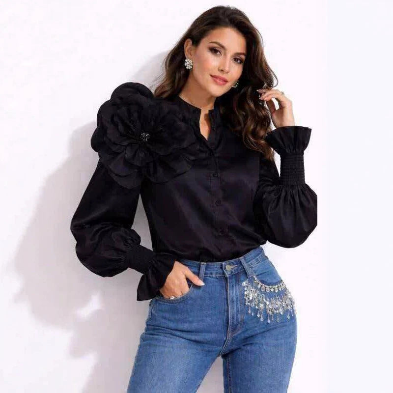 Black lantern-sleeve blouse with loose fit and button front