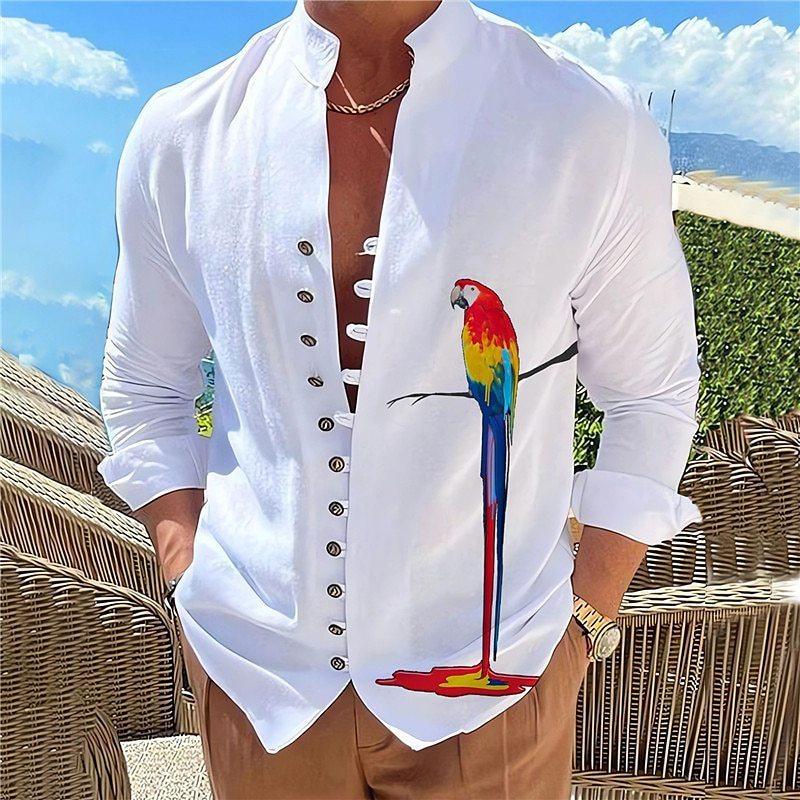 Men's casual button-up shirt, white with colorful parrot standing on a red base print