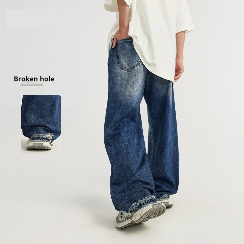 Retro Tattered Jeans Wide Leg Jeans - WOMONA.COM