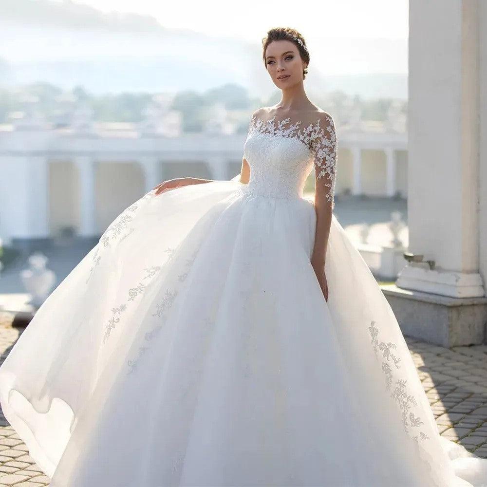 Bridal Mesh Long Sleeve Embroidered Wedding Dress - WOMONA.COM