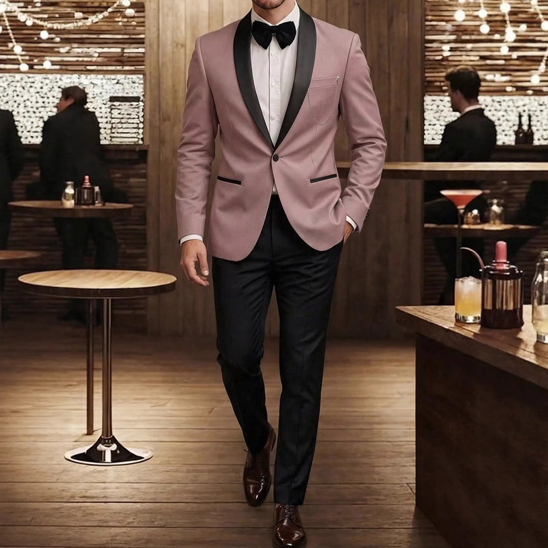 Lotus Pink tuxedo jacket with black satin lapels, chest pocket, front button closure