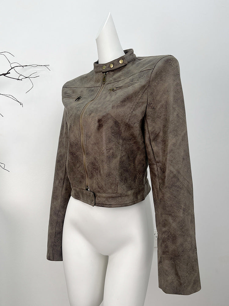 Maillard Motorcycle Hot Girl Vintage Distressed Leather Coat - WOMONA.COM