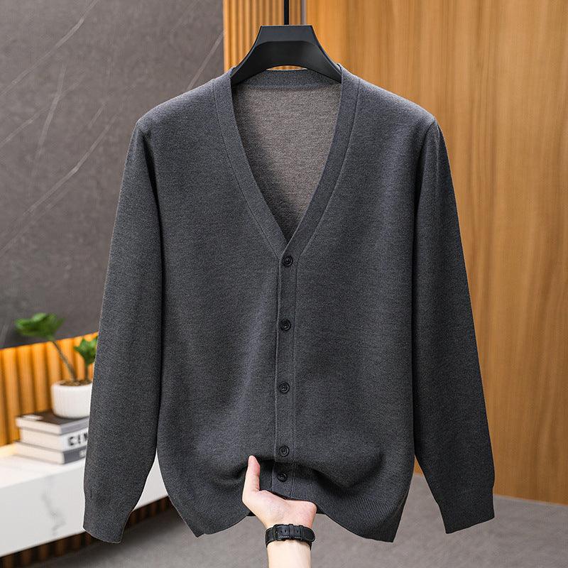 Men's V-neck button cardigan sweater in medium gray, long sleeves