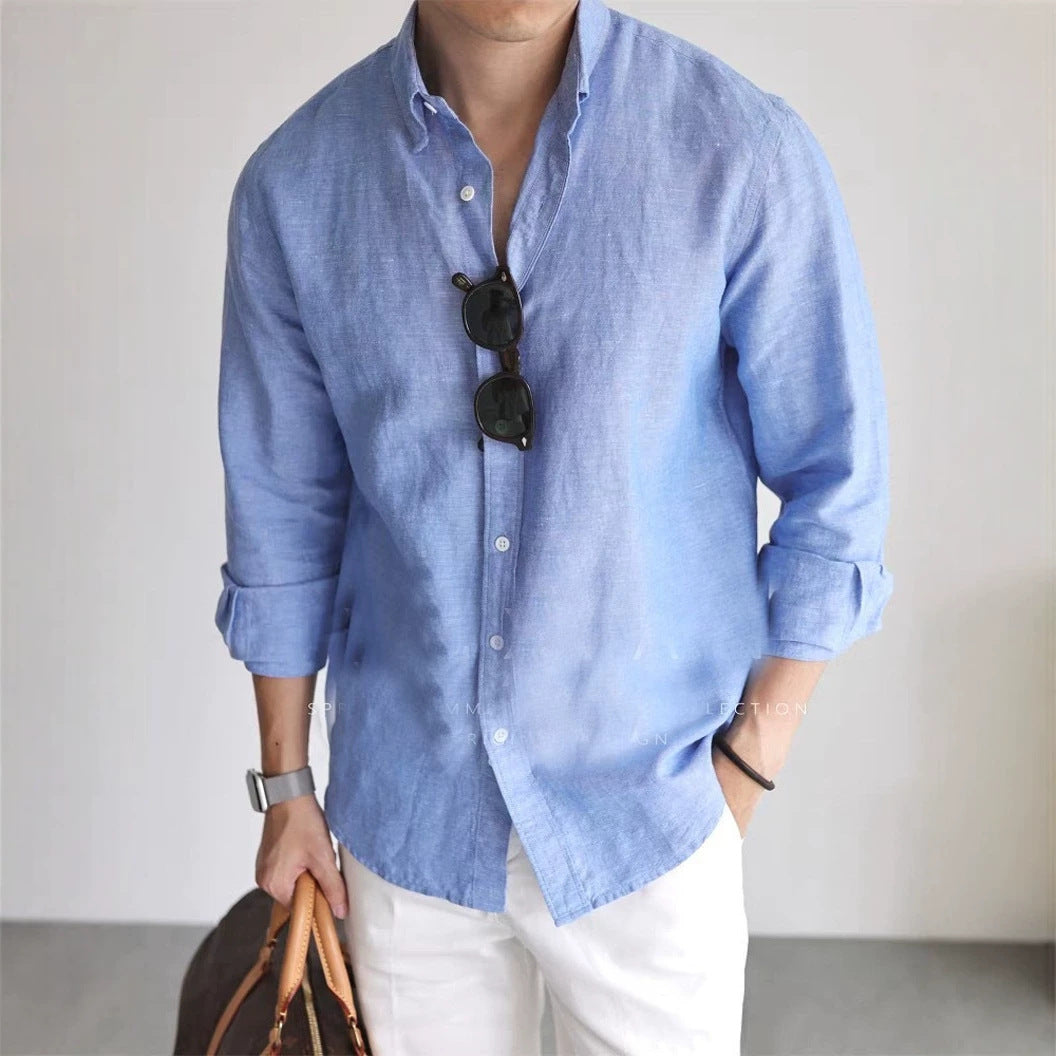 Sky blue men’s long-sleeve dress shirt, button-front with spread collar