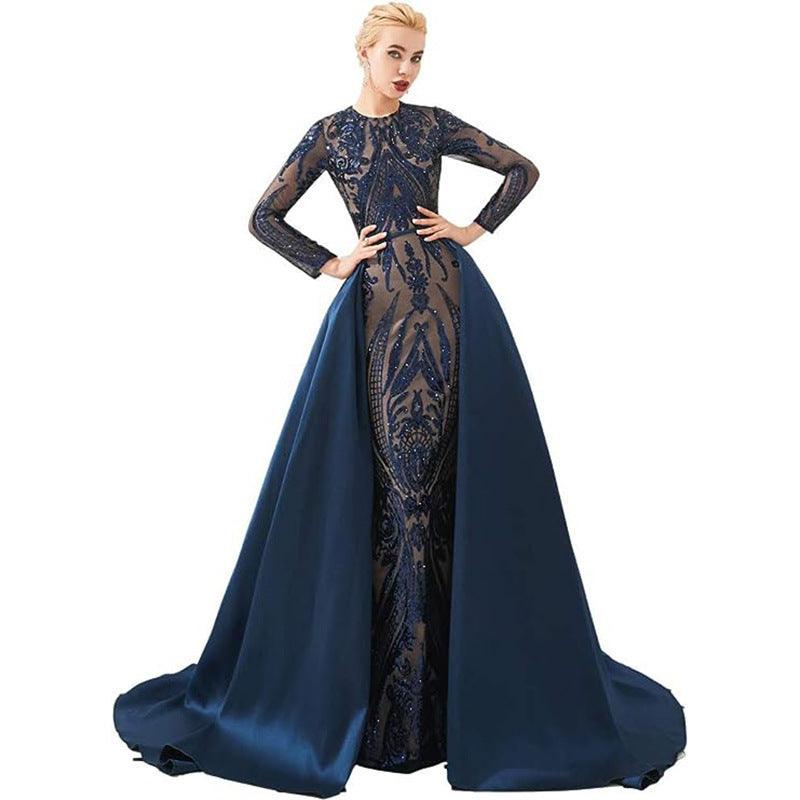 Women's Long-sleeved Trailing Evening Dress - WOMONA.COM
