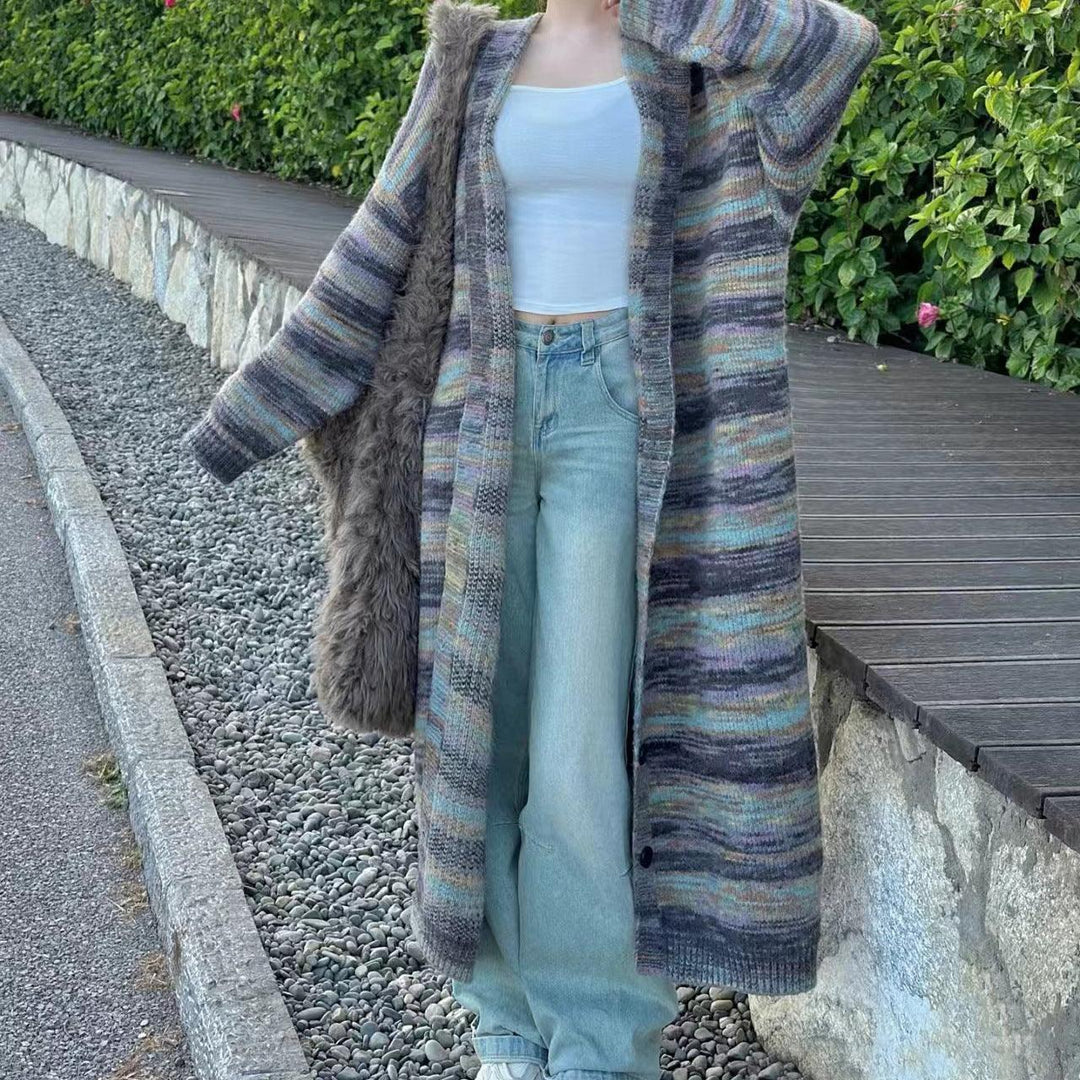 Multicolor striped hooded sweater coat with fuzzy side hem and long sleeves
