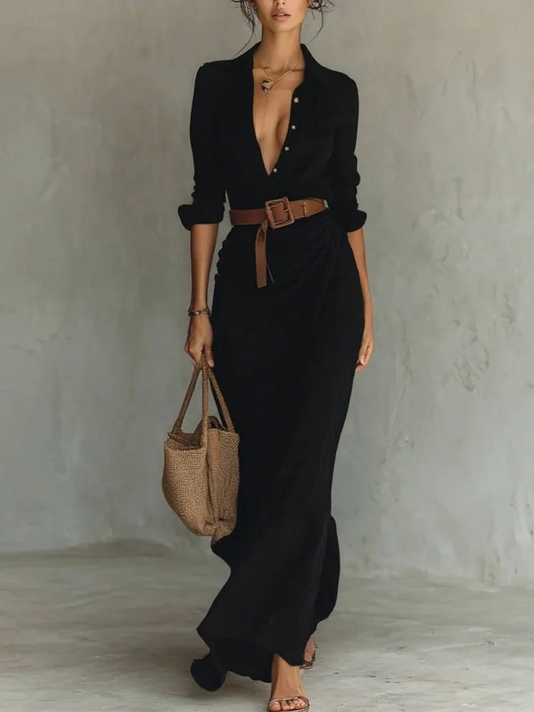 Women's Belted Asymmetric Long-Sleeve Shirt Dress – product view 9 | WOMONA