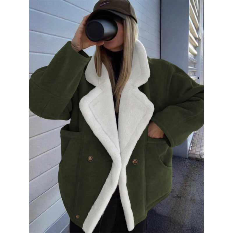 Women's lamb wool jacket, olive green with sherpa lining, V-front and button closure