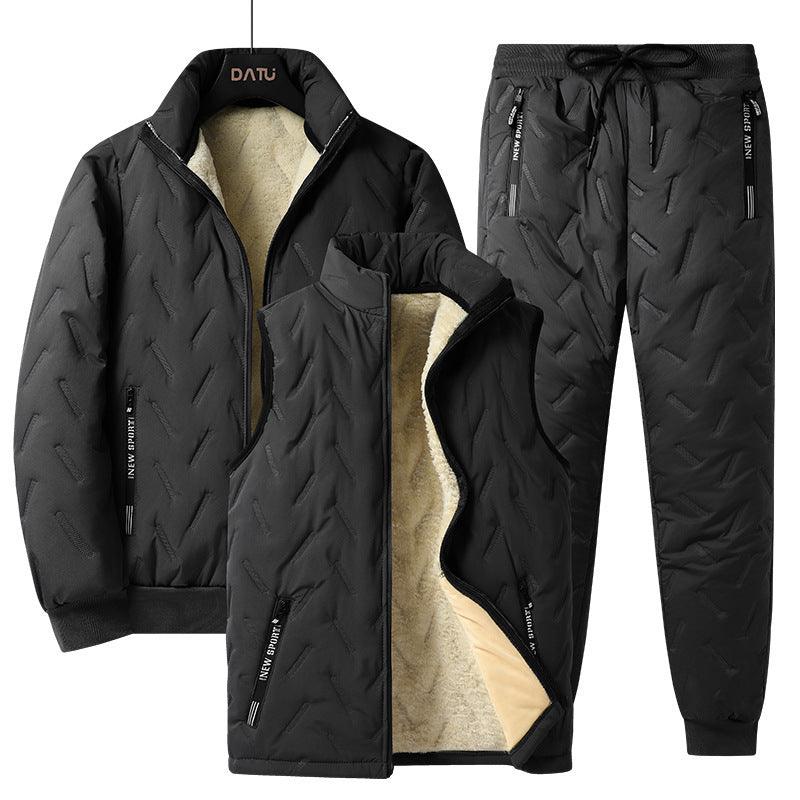 Men's thermal three-piece suit set with sherpa lining: padded jacket, zip vest, joggers