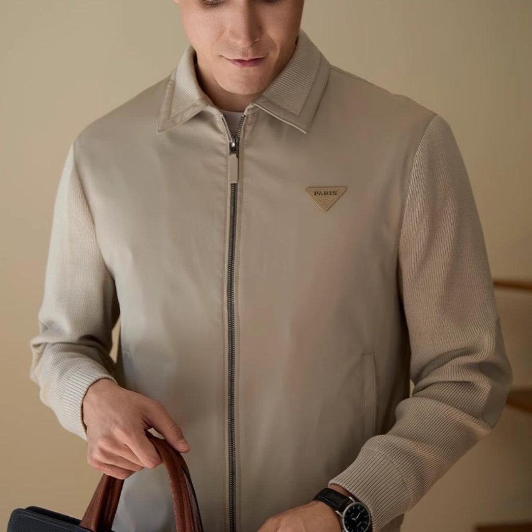Beige men's zip-up thick casual jacket with stand collar and ribbed knit cuffs