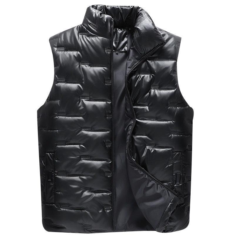 Glossy black puffer down-style vest with stand collar, full zipper, and side pocket detail