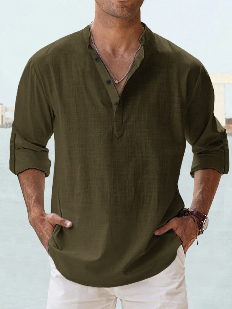 Men's linen collar long-sleeve t-shirt, olive green, buttoned split neck