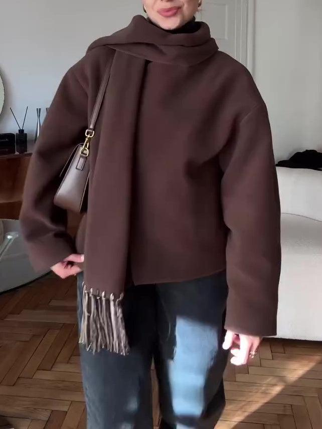 Brown short wrap coat with draped scarf collar, long sleeves, fringe hem