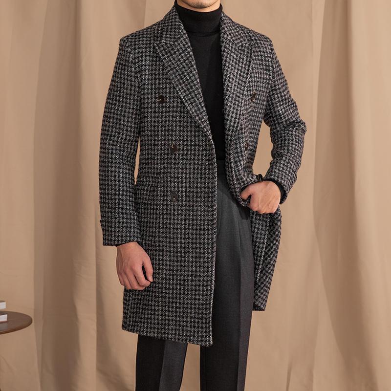 Wool Double Breasted Houndstooth Coat Mid-length Coat - WOMONA.COM